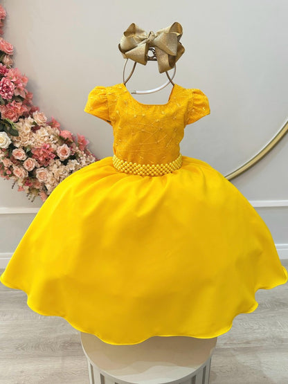 Vestido Infantil Amarelo em Renda no Busto com Saia Rodada para Daminhas
