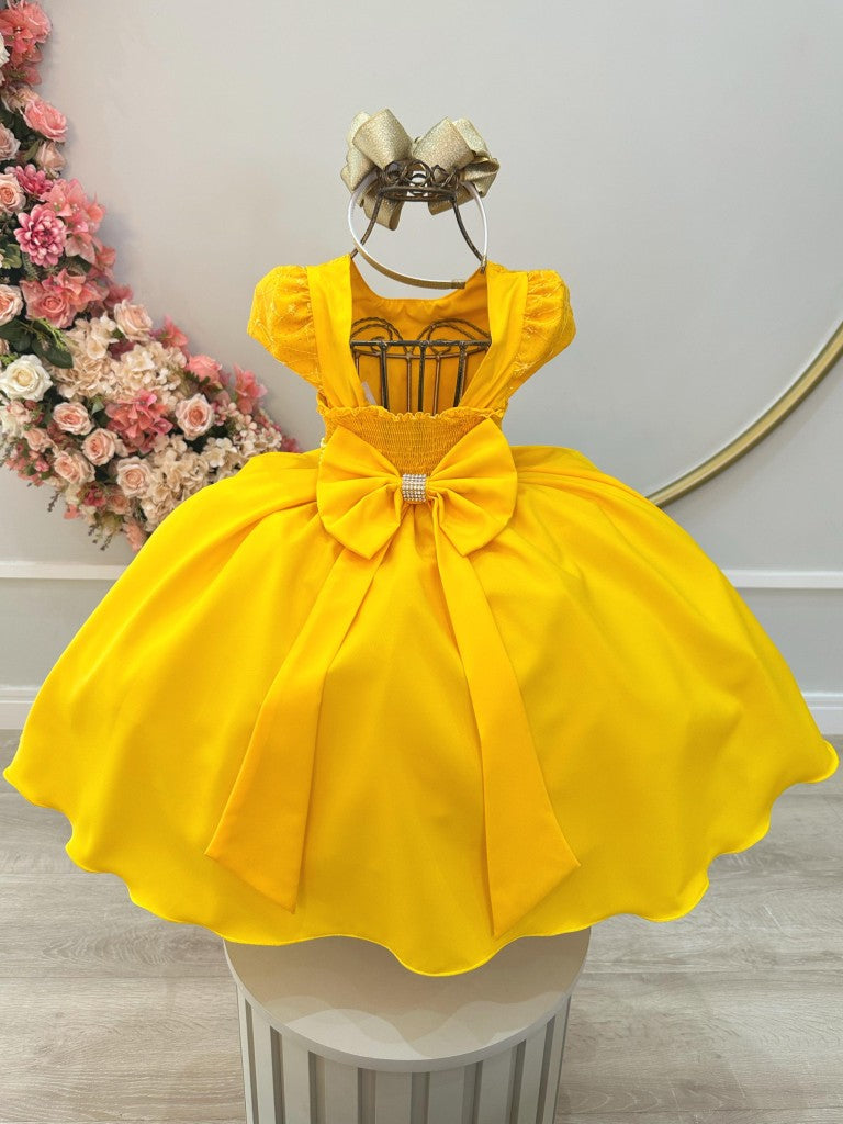 Vestido Infantil Amarelo em Renda no Busto com Saia Rodada para Daminhas