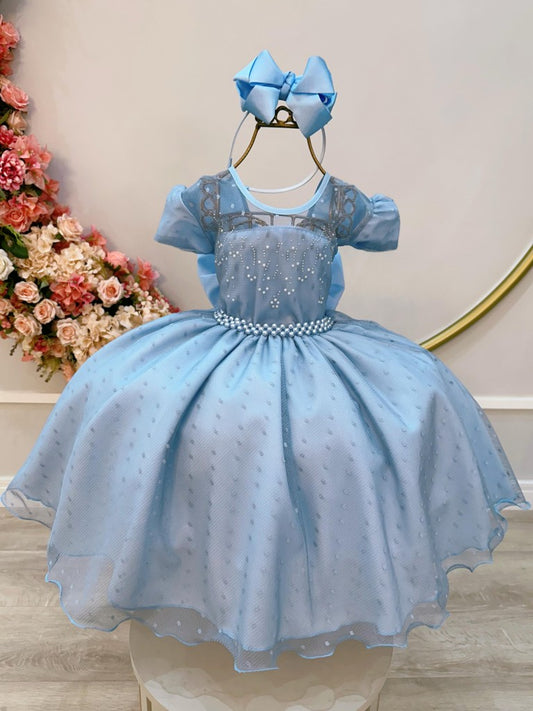 Vestido Infantil Azul Claro em Tule com Pérolas e Saia Rodada para Festa de Aniversário