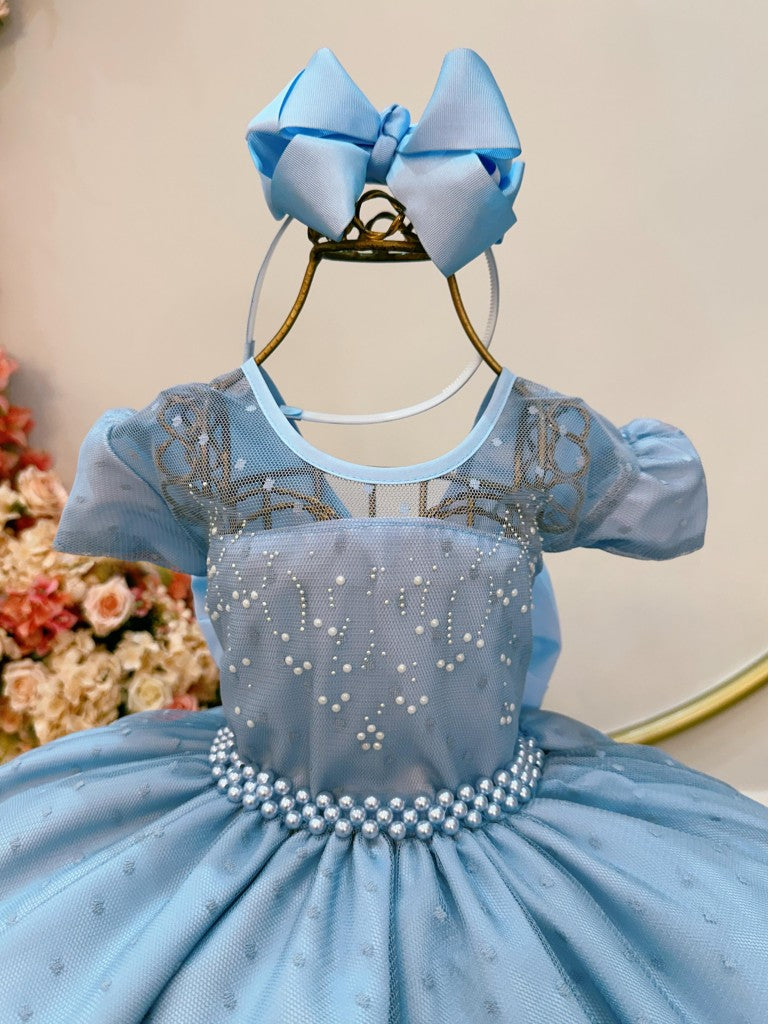 Vestido Infantil Azul Claro em Tule com Pérolas e Saia Rodada para Festa de Aniversário