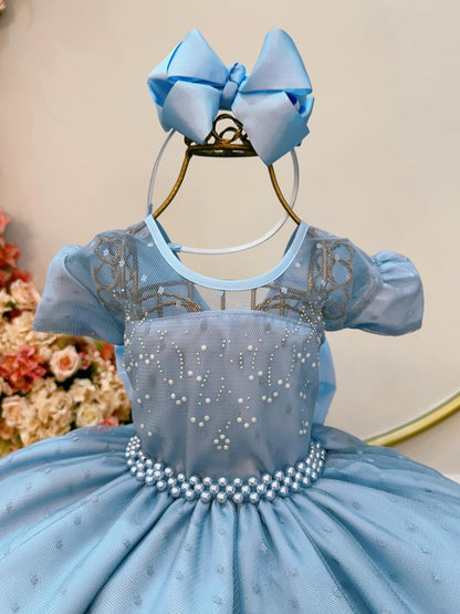Vestido Infantil Azul Claro em Tule com Pérolas e Saia Rodada para Festa de Aniversário