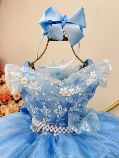 Vestido Infantil Azul em Cetim com Capa Luxuosa e Saia Rodada para Festa de Aniversário