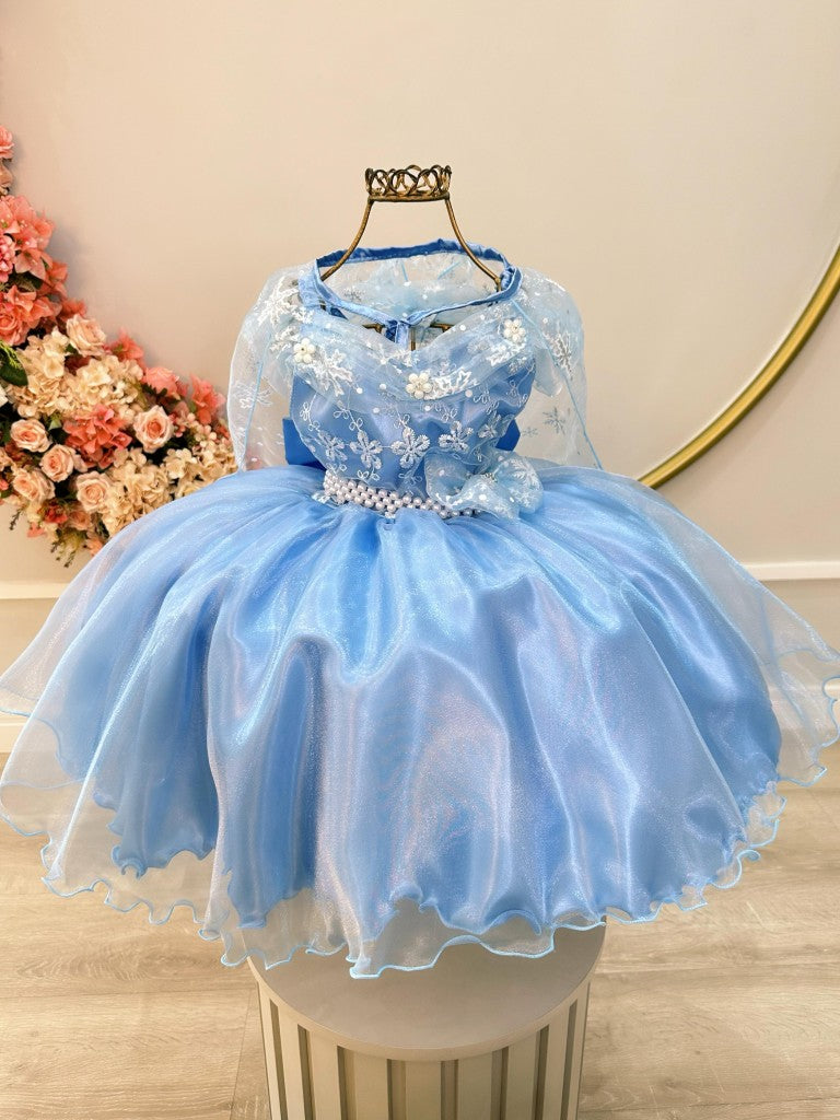 Vestido Infantil Azul em Cetim com Capa Luxuosa e Saia Rodada para Festa de Aniversário