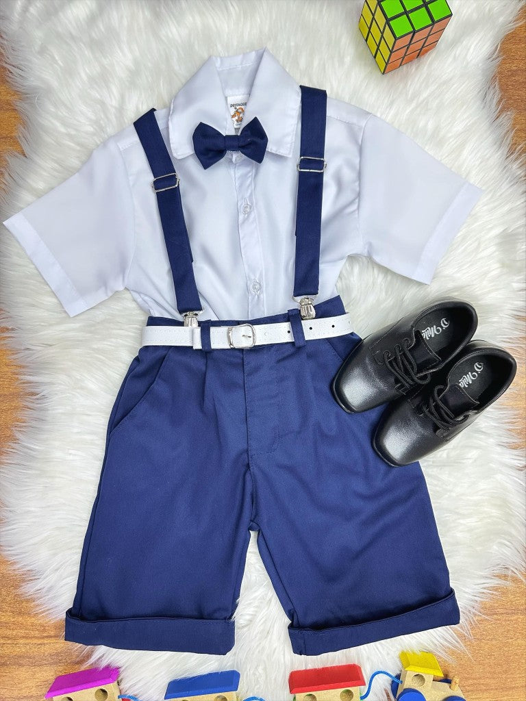 Conjunto Social Infantil Branco em Algodão com Bermuda e Gravata Azul Marinho para Festa
