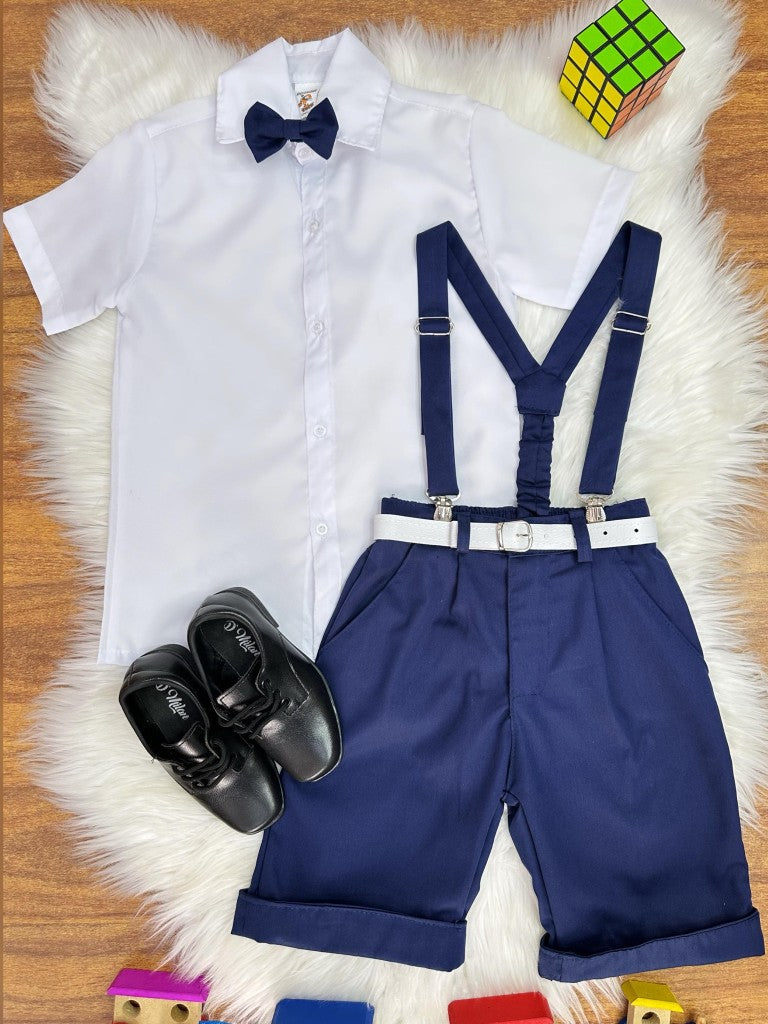Conjunto Social Infantil Branco em Algodão com Bermuda e Gravata Azul Marinho para Festa