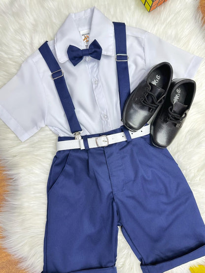 Conjunto Social Infantil Branco em Algodão com Bermuda e Gravata Azul Marinho para Festa