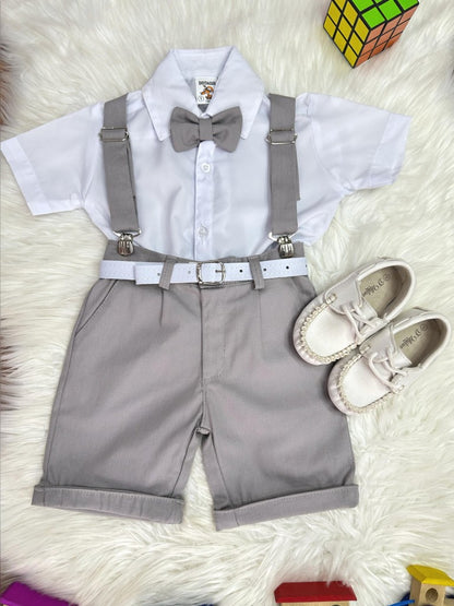 Conjunto Social Infantil Branco em Algodão com Short Cinza e Suspensório e Gravata para Festa