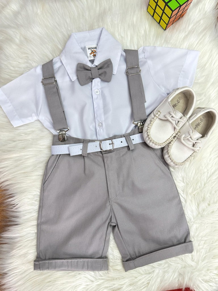 Conjunto Social Infantil Branco em Algodão com Short Cinza e Suspensório e Gravata para Festa