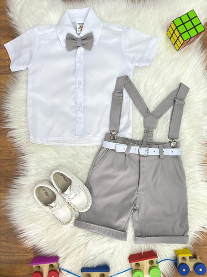 Conjunto Social Infantil Branco em Algodão com Short Cinza e Suspensório e Gravata para Festa