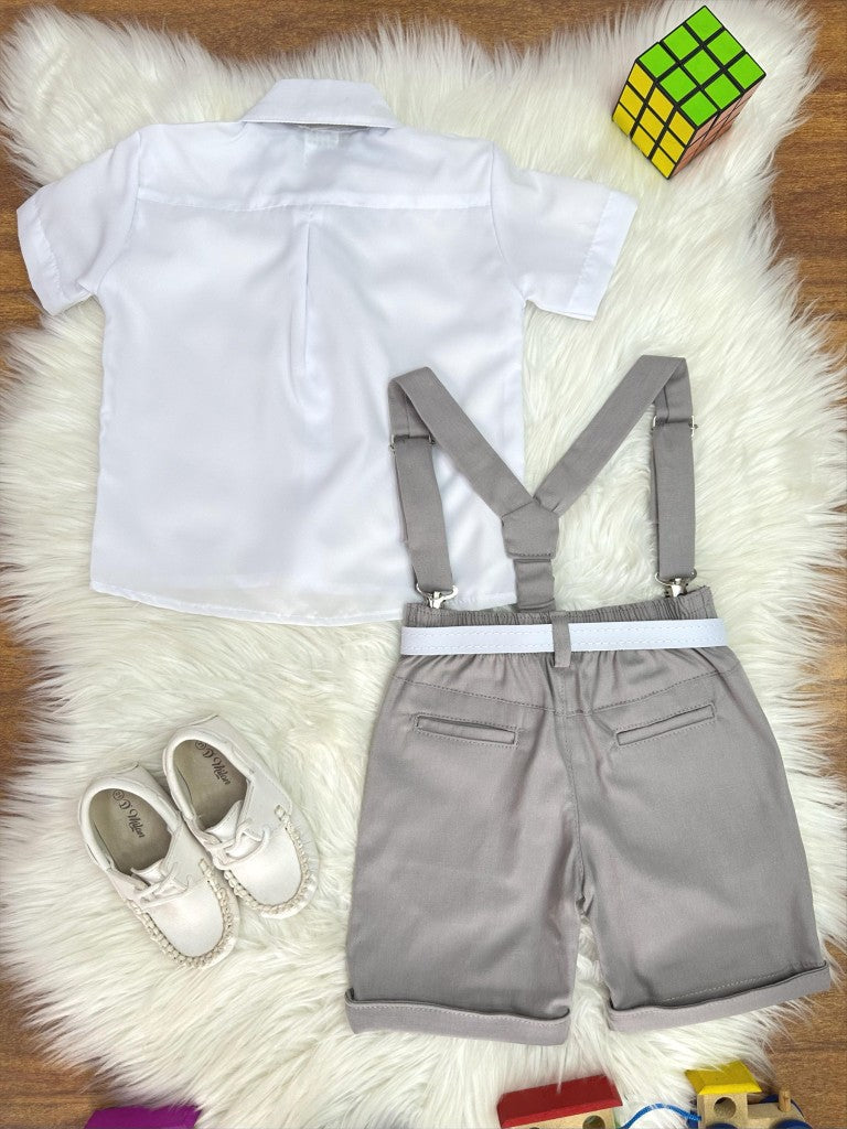 Conjunto Social Infantil Branco em Algodão com Short Cinza e Suspensório e Gravata para Festa
