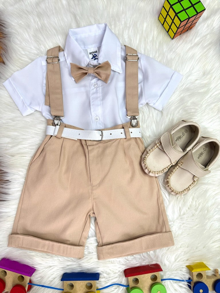 Conjunto Social Infantil Branco em Algodão com Short e Suspensório Caqui e Gravata Borboleta para Festa
