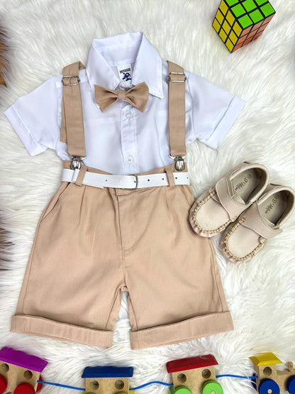 Conjunto Social Infantil Branco em Algodão com Short e Suspensório Caqui e Gravata Borboleta para Festa