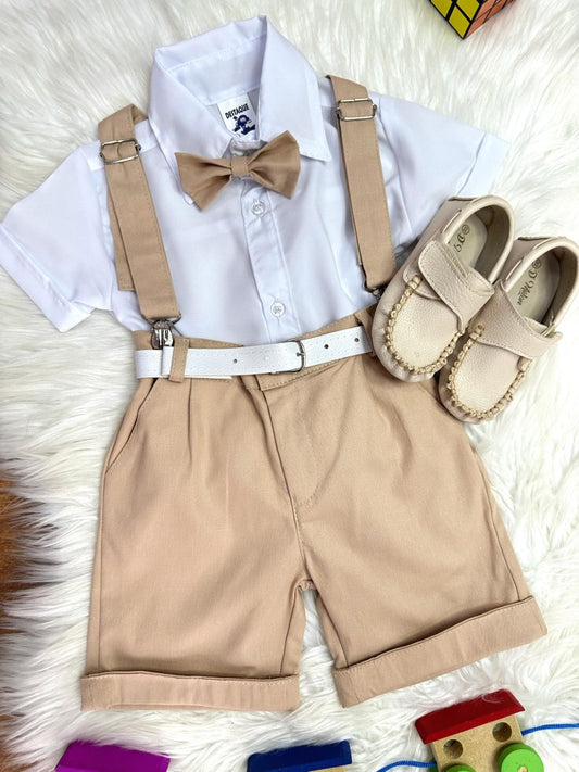Conjunto Social Infantil Branco em Algodão com Short e Suspensório Caqui e Gravata Borboleta para Festa