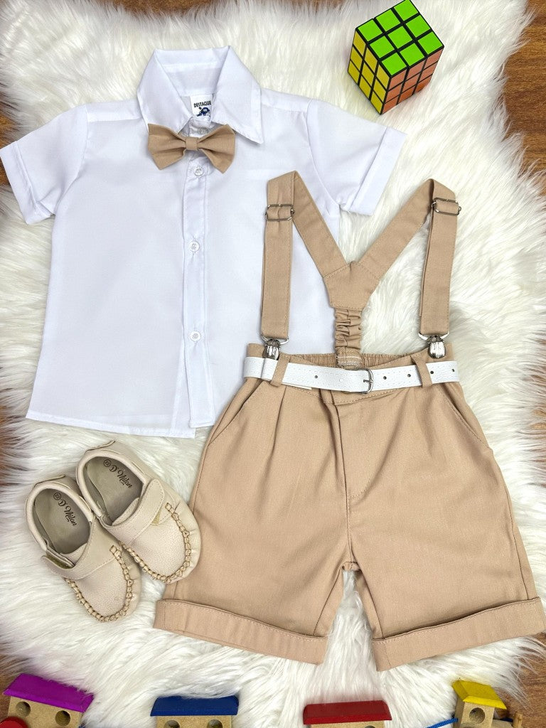 Conjunto Social Infantil Branco em Algodão com Short e Suspensório Caqui e Gravata Borboleta para Festa