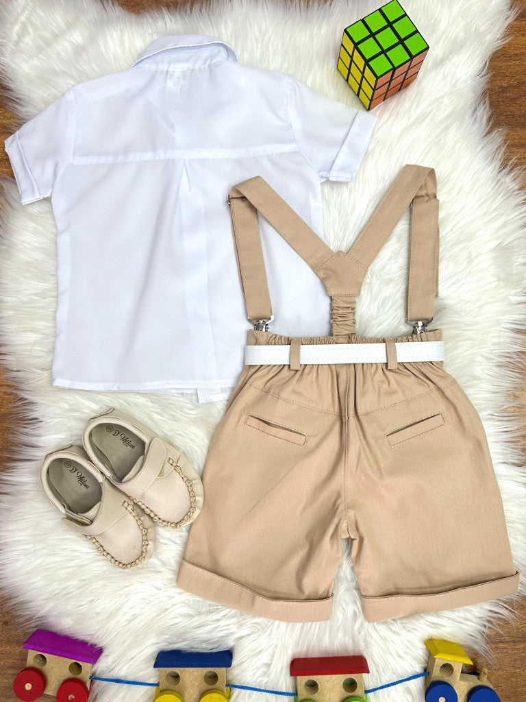 Conjunto Social Infantil Branco em Algodão com Short e Suspensório Caqui e Gravata Borboleta para Festa