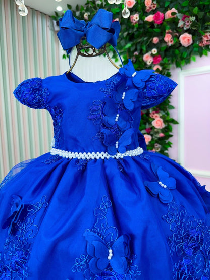 Vestido Infantil Azul Royal em Cetim com Saia Rodada para Festa de Aniversário