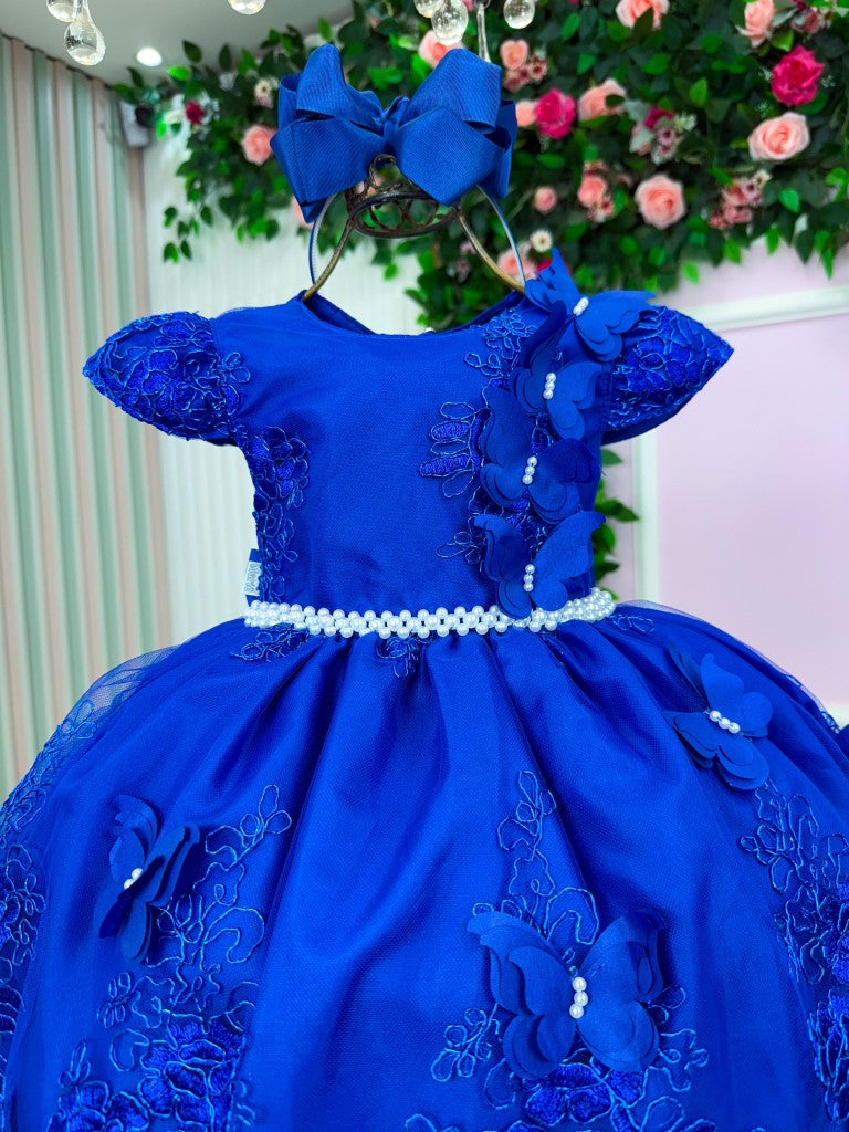 Vestido Infantil Azul Royal em Cetim com Saia Rodada para Festa de Aniversário