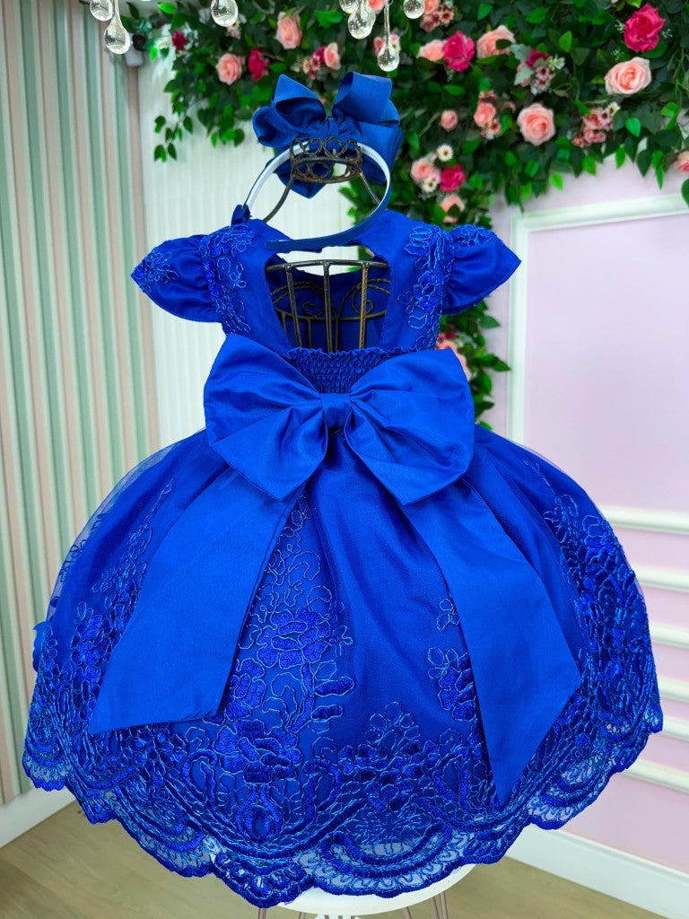 Vestido Infantil Azul Royal em Cetim com Saia Rodada para Festa de Aniversário