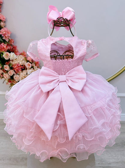 Vestido Infantil Rosa Claro Jardim Encantado com Saia de Babados para Festas