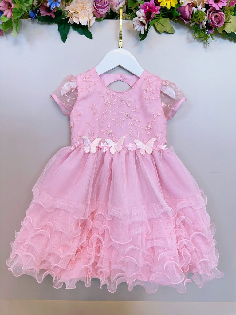 Vestido Infantil Rosa Claro Jardim Encantado com Saia de Babados para Festas