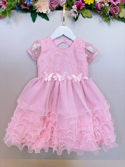 Vestido Infantil Rosa Claro Jardim Encantado com Saia de Babados para Festas