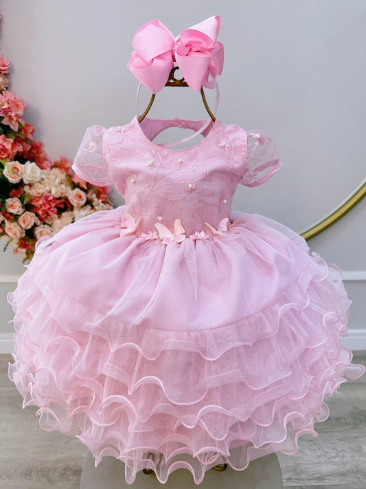 Vestido Infantil Rosa Claro Jardim Encantado com Saia de Babados para Festas