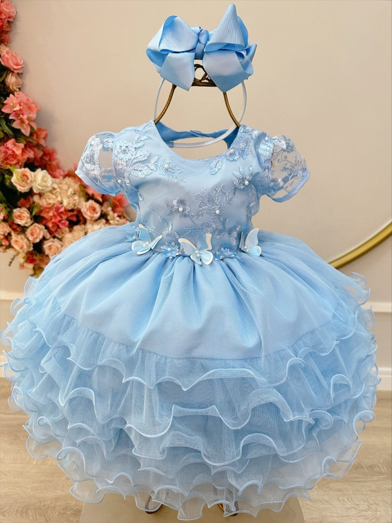 Vestido Infantil Azul Claro em Algodão com Saia de Babados para Festa de Aniversário