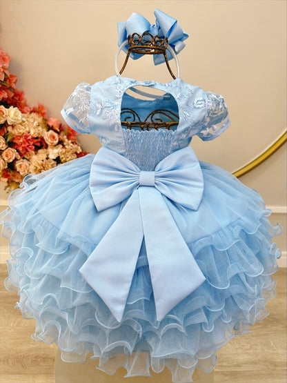 Vestido Infantil Azul Claro em Algodão com Saia de Babados para Festa de Aniversário