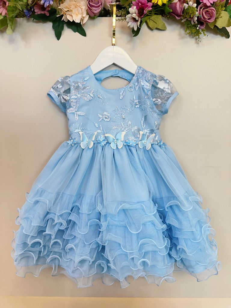 Vestido Infantil Azul Claro em Algodão com Saia de Babados para Festa de Aniversário