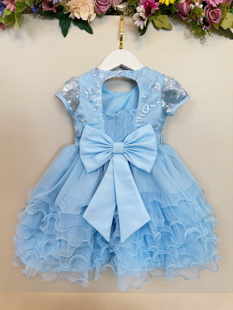 Vestido Infantil Azul Claro em Algodão com Saia de Babados para Festa de Aniversário