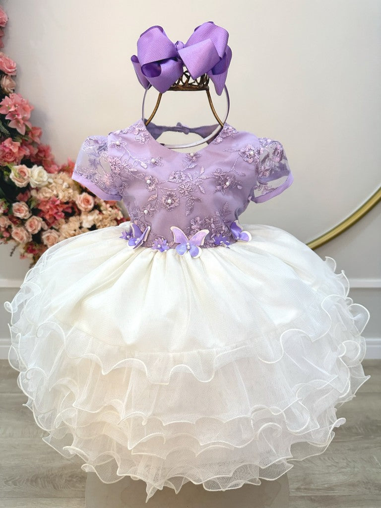 Vestido Infantil Lilás em Tule com Saia de Babados para Festas