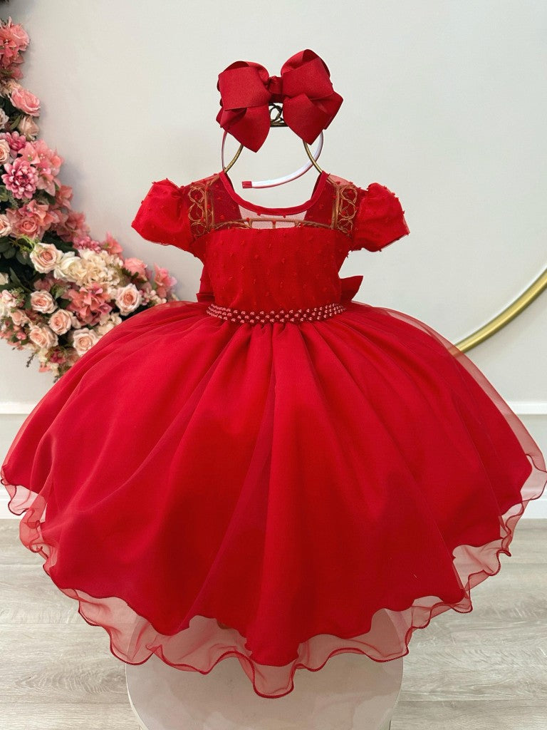 Vestido Infantil Vermelho em Tule com Pipoquinha e Saia Rodada para Estilo Princesa
