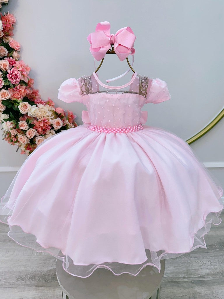 Vestido Infantil Rosa Claro em Tule Pipoquinha com Saia Rodada para Daminhas