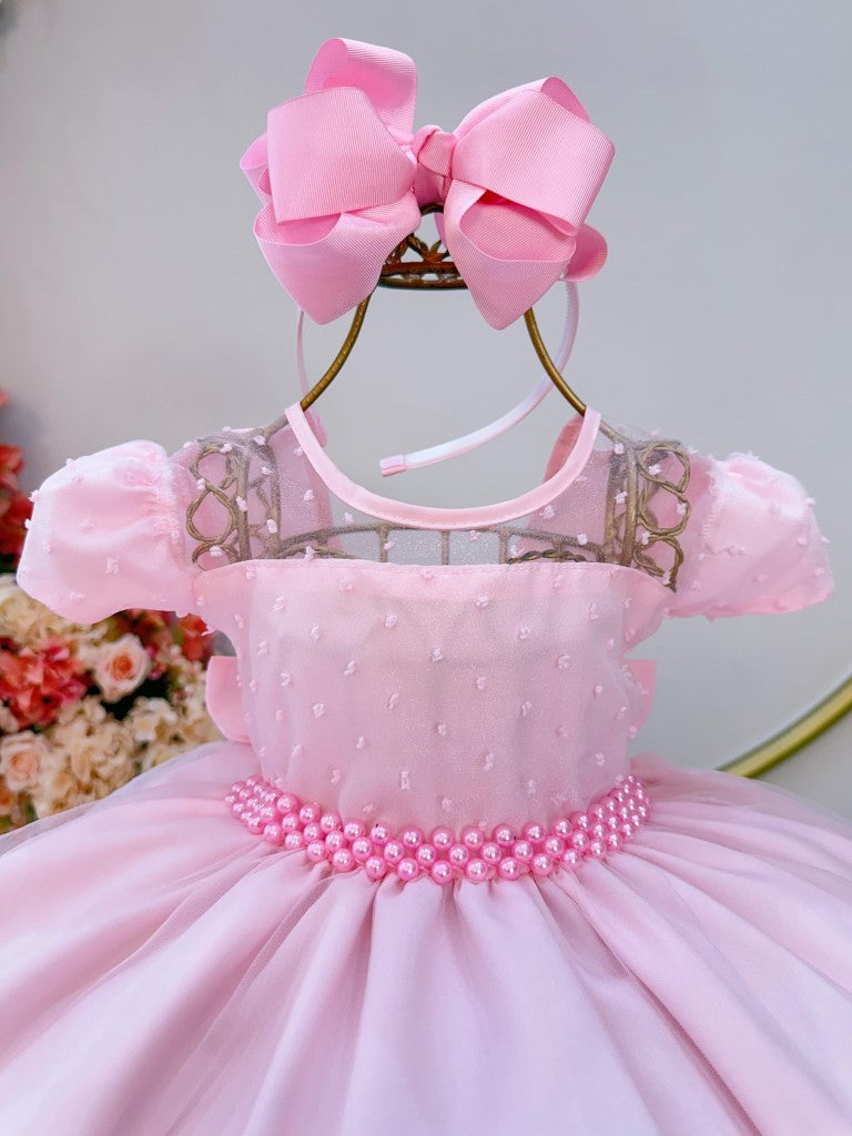 Vestido Infantil Rosa Claro em Tule Pipoquinha com Saia Rodada para Daminhas