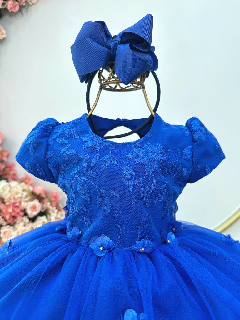 Vestido Infantil Azul Royal em Tule com Renda e Saia Rodada para Festa Encantada