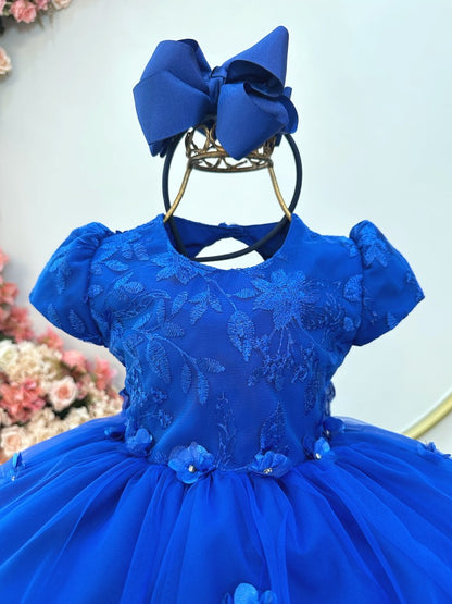 Vestido Infantil Azul Royal em Tule com Renda e Saia Rodada para Festa Encantada