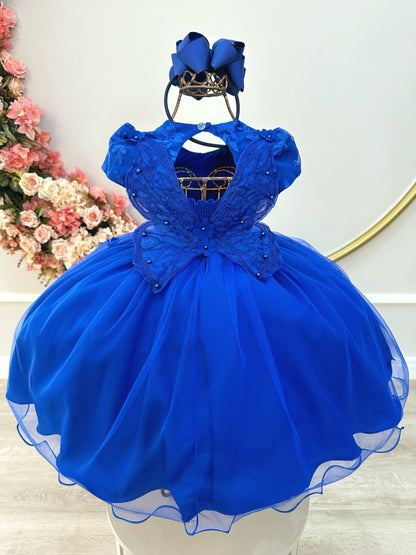 Vestido Infantil Azul Royal em Tule com Renda e Saia Rodada para Festa Encantada