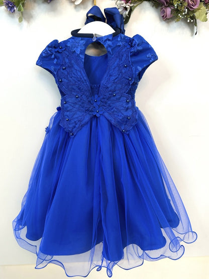 Vestido Infantil Azul Royal em Tule com Renda e Saia Rodada para Festa Encantada