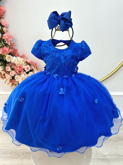 Vestido Infantil Azul Royal em Tule com Renda e Saia Rodada para Festa Encantada