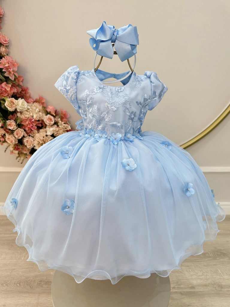 Vestido Infantil Azul Claro em Tule com Renda e Saia Rodada para Festa de Aniversário