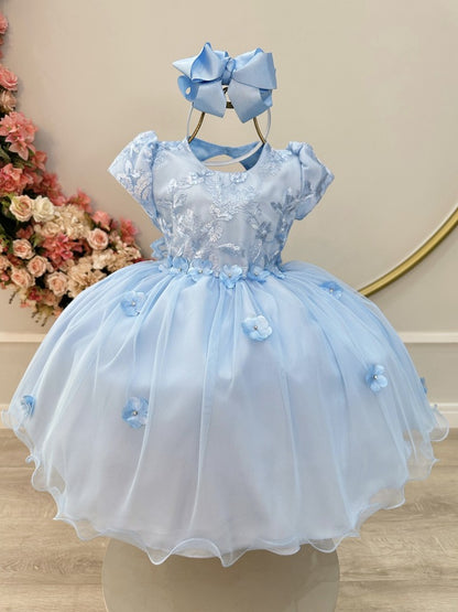 Vestido Infantil Azul Claro em Tule com Renda e Saia Rodada para Festa de Aniversário