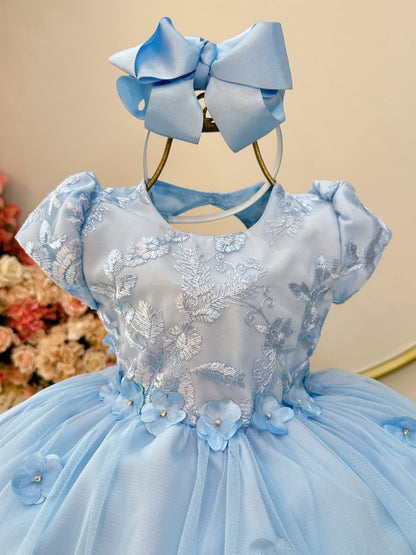 Vestido Infantil Azul Claro em Tule com Renda e Saia Rodada para Festa de Aniversário
