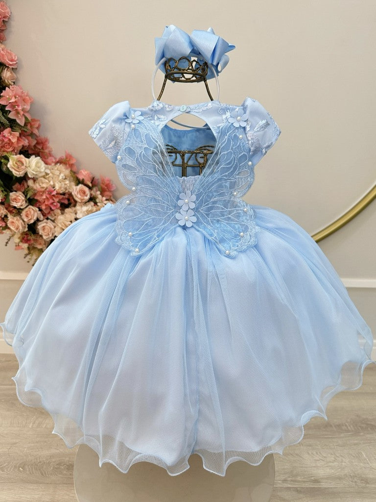 Vestido Infantil Azul Claro em Tule com Renda e Saia Rodada para Festa de Aniversário