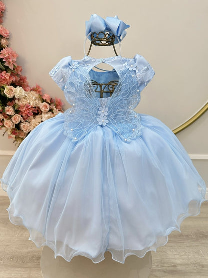 Vestido Infantil Azul Claro em Tule com Renda e Saia Rodada para Festa de Aniversário