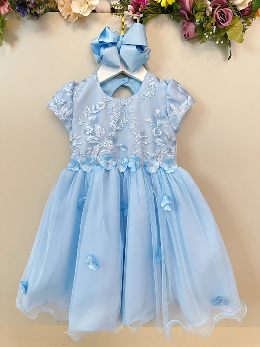 Vestido Infantil Azul Claro em Tule com Renda e Saia Rodada para Festa de Aniversário