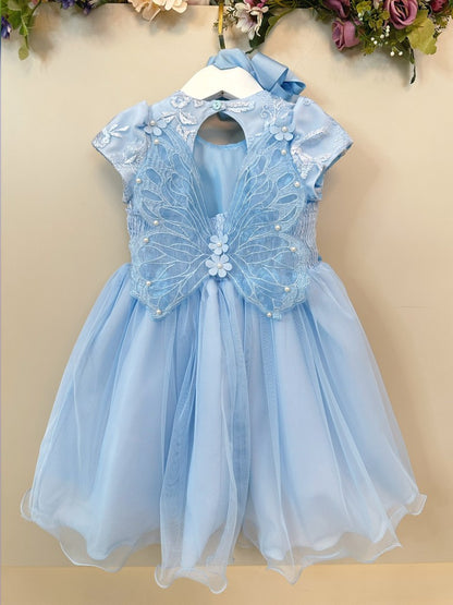 Vestido Infantil Azul Claro em Tule com Renda e Saia Rodada para Festa de Aniversário