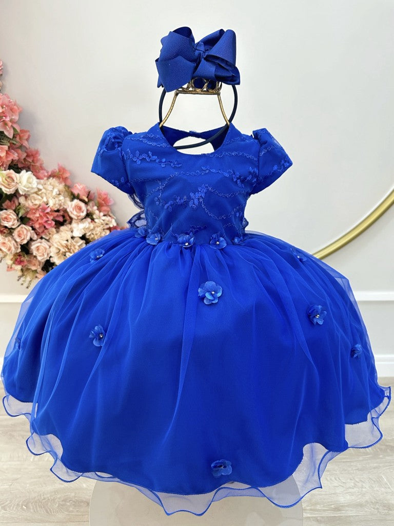 Vestido Infantil Azul Royal em Tule com Renda Saia Rodada para Festa de Aniversário