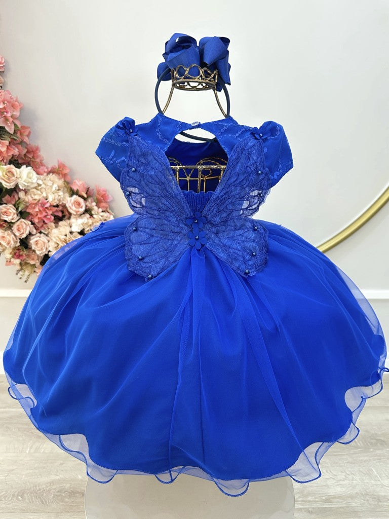 Vestido Infantil Azul Royal em Tule com Renda Saia Rodada para Festa de Aniversário
