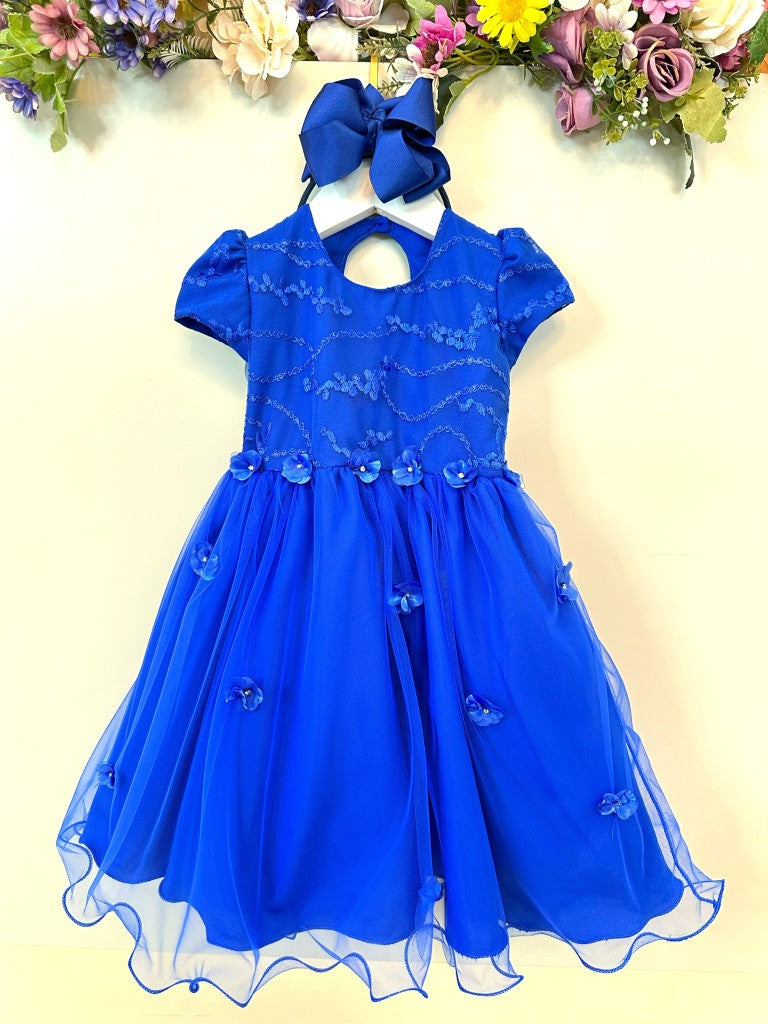 Vestido Infantil Azul Royal em Tule com Renda Saia Rodada para Festa de Aniversário