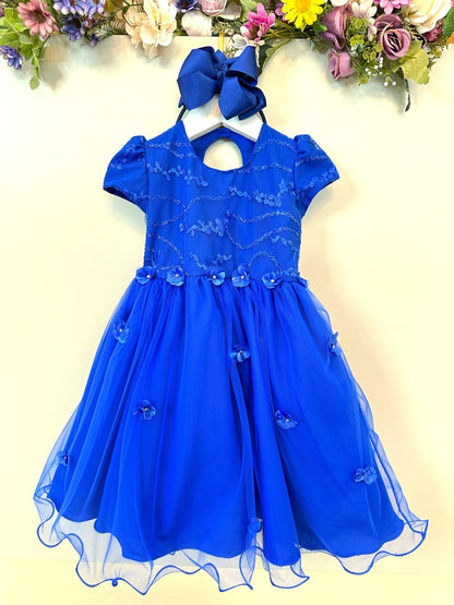 Vestido Infantil Azul Royal em Tule com Renda Saia Rodada para Festa de Aniversário